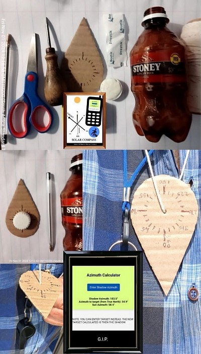 SOLAR COMPASS includes cardboard busola and string and an app that requires you to enter the shadow angle measured whilst pointing the busola to the target and using the string as gnomen. Works fine. A simpler approach is to have a sticker of a protractor, if you have one. I showed tools i used, but at the very least you can tear cardboard in any shape and use cap of ginger beer bottle (only this bottle; do not know why only this bottle cap) to make markings and draw an arrow extending outwards from 0 degrees and pointing to target direction.