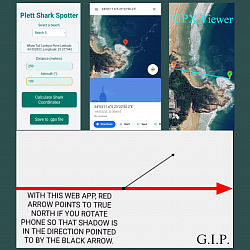2 web apps for shark spotting and one for  painting an arrow at the beach that points to True North, for use with a homemade 360 degrees protractor, as seen elsewhere on this site.